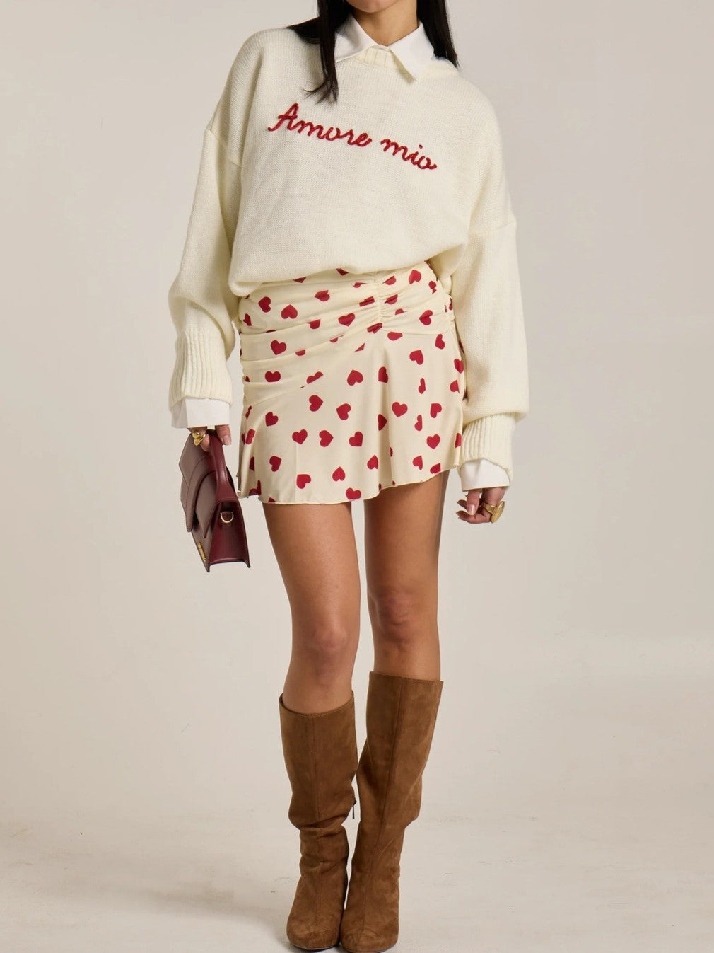 Heart Print Ruched Ruffle Mini Skirt - White - 1