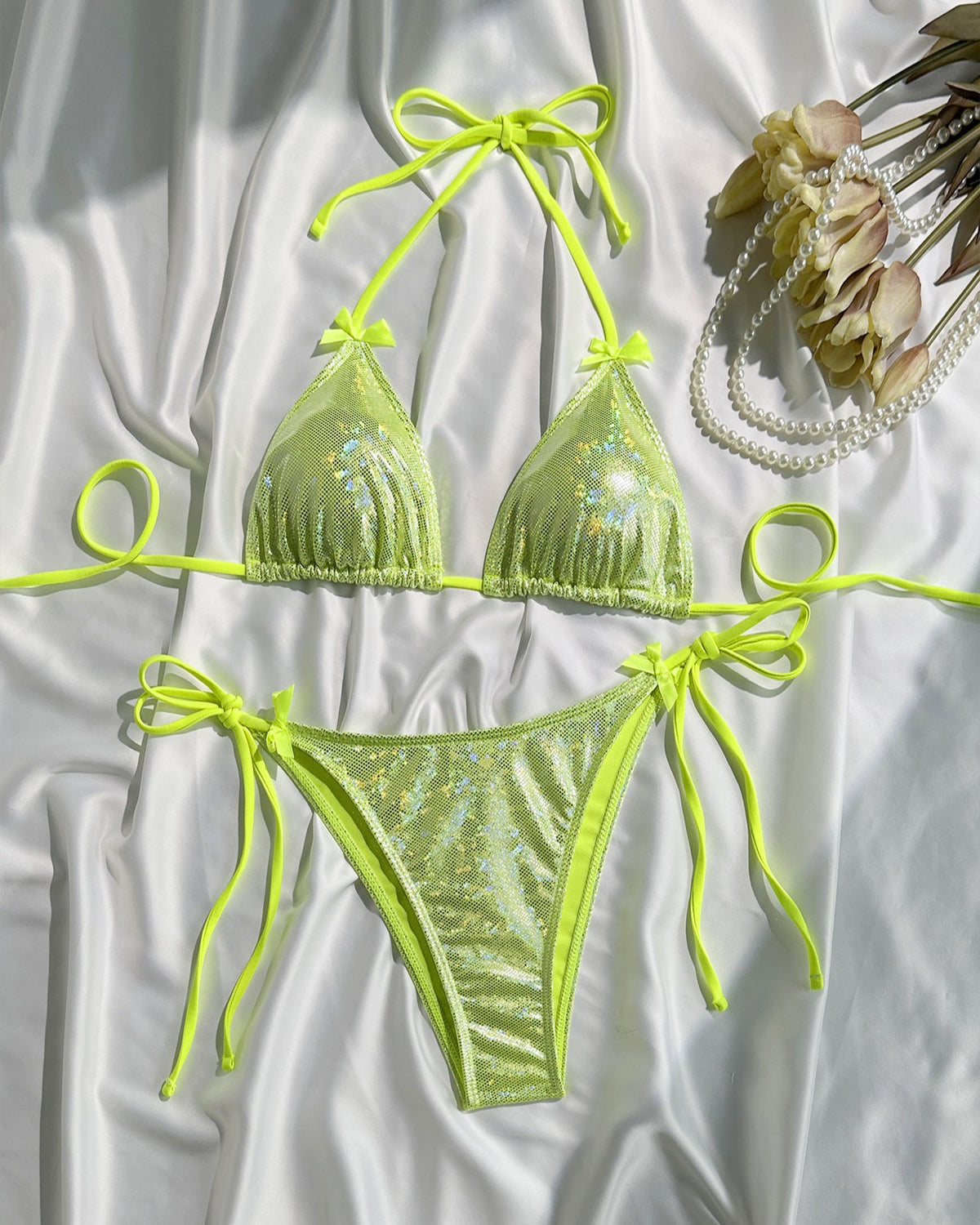 Shimmer Bow Tie Side Triangle Bikini Set - Green