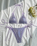 Shimmer Bow Tie Side Triangle Bikini Set - Purple