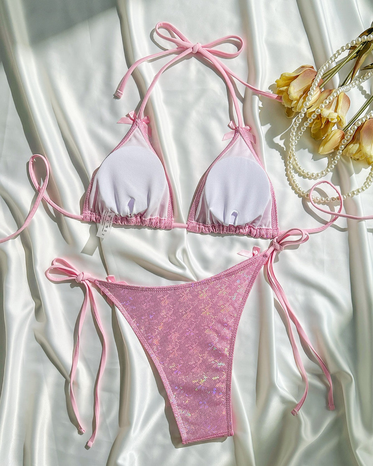 Shimmer Bow Tie Side Triangle Bikini Set - Yellow - 2