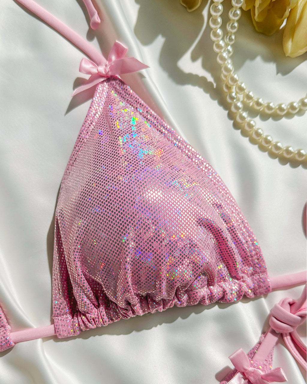 Shimmer Bow Tie Side Triangle Bikini Set - Yellow - 4