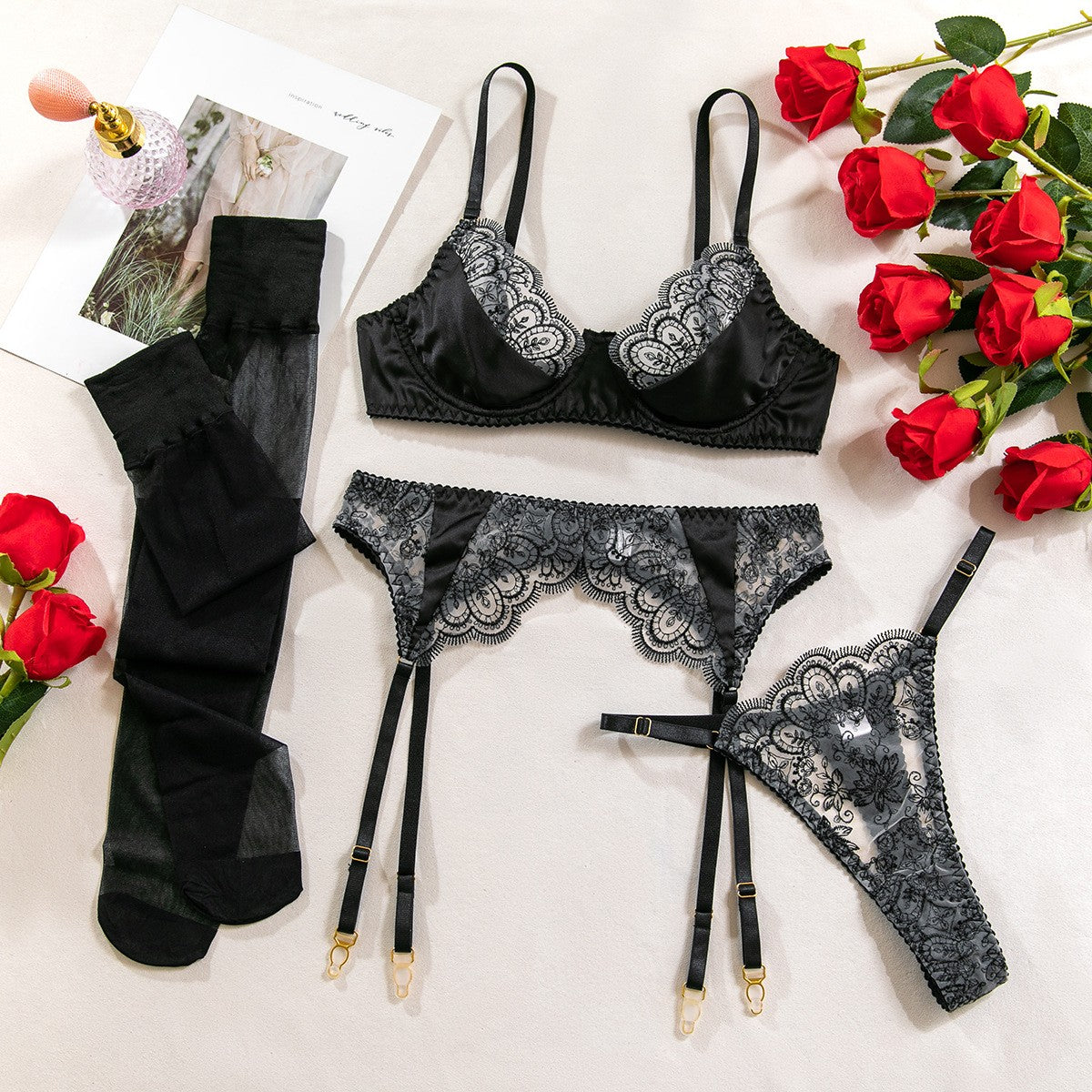 Satin And Lace Half Cup Garter Set With Stockings