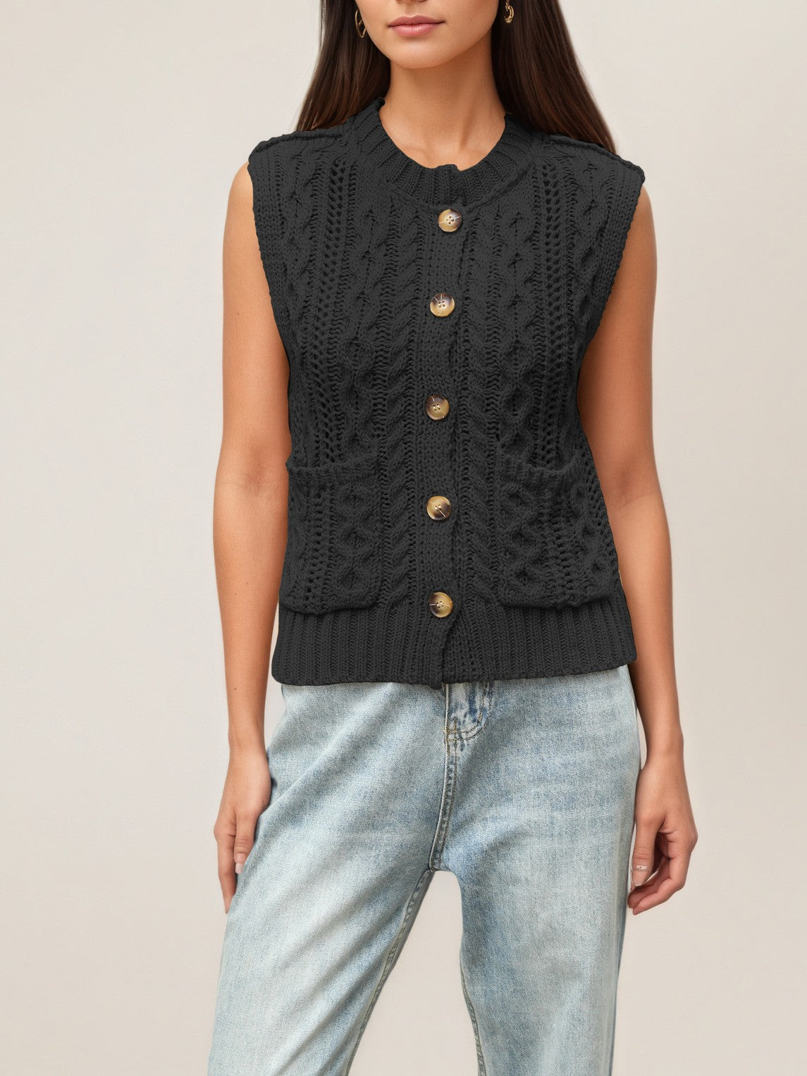 Chunky Cable Sweater Vest With Wood Buttons - Black