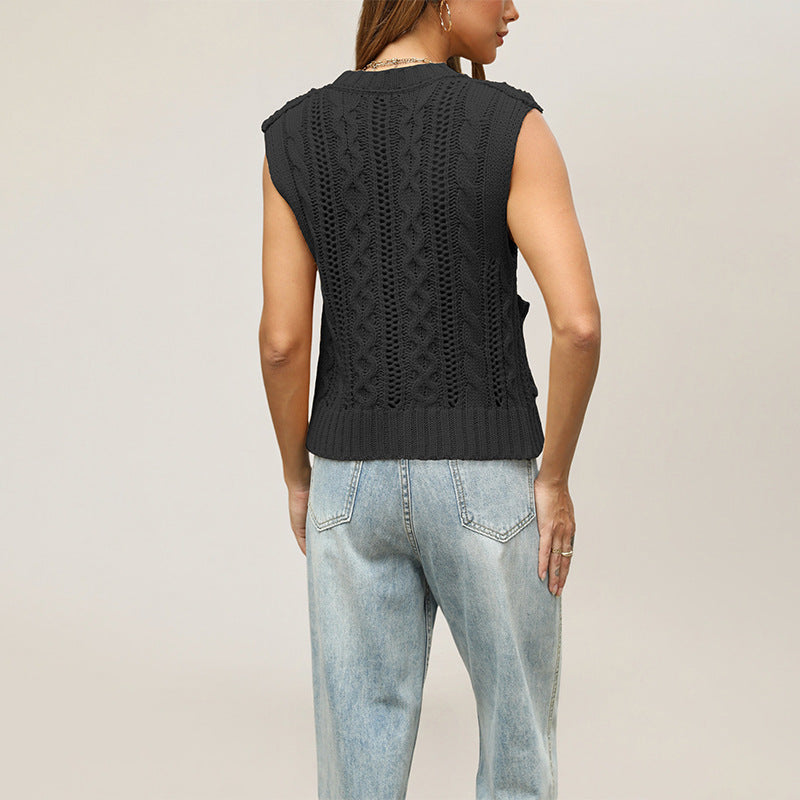 Chunky Cable Sweater Vest With Wood Buttons - Black - 1