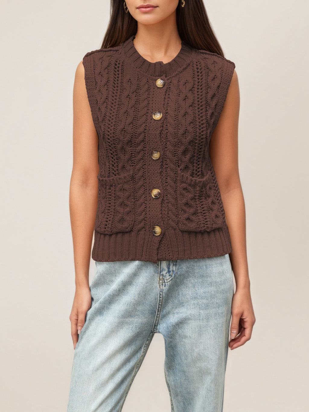 Chunky Cable Sweater Vest With Wood Buttons - Coffee