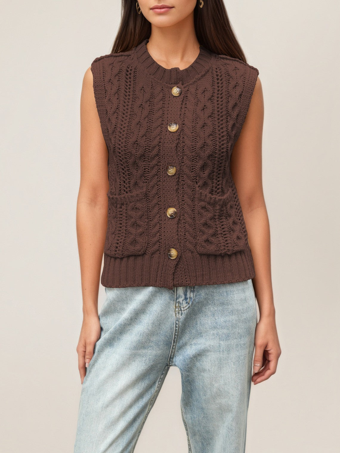 Chunky Cable Sweater Vest With Wood Buttons - Coffee