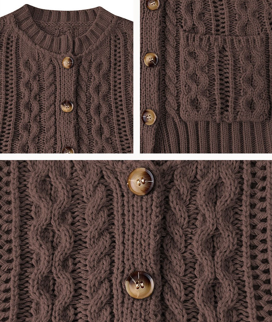 Chunky Cable Sweater Vest With Wood Buttons - Coffee - 1