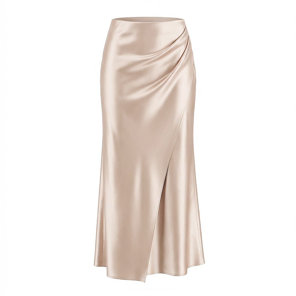 Gathered Side Satin Bias Maxi Skirt - Beige - 1