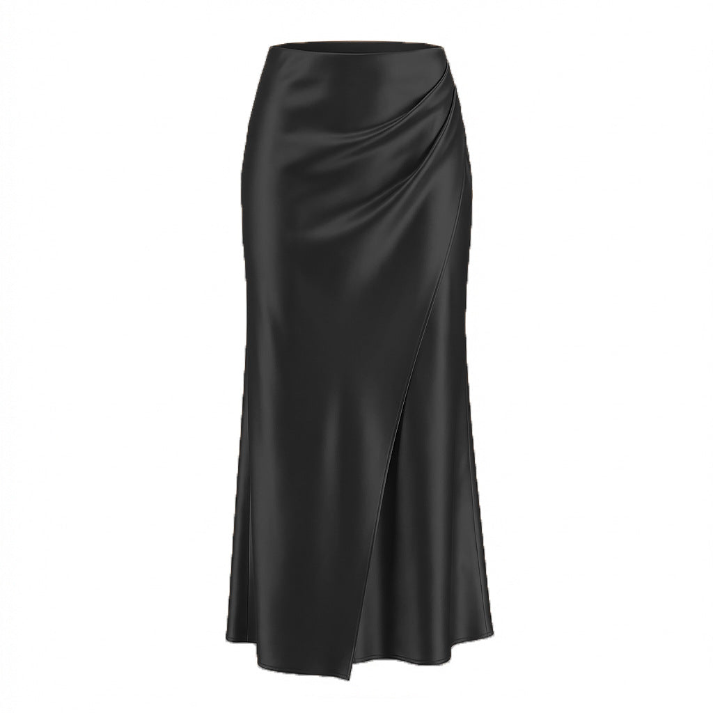 Gathered Side Satin Bias Maxi Skirt - Black