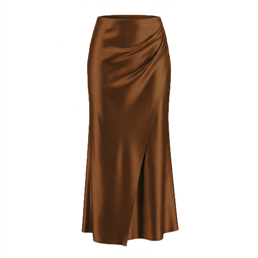 Gathered Side Satin Bias Maxi Skirt - Brown
