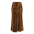 Gathered Side Satin Bias Maxi Skirt - Brown