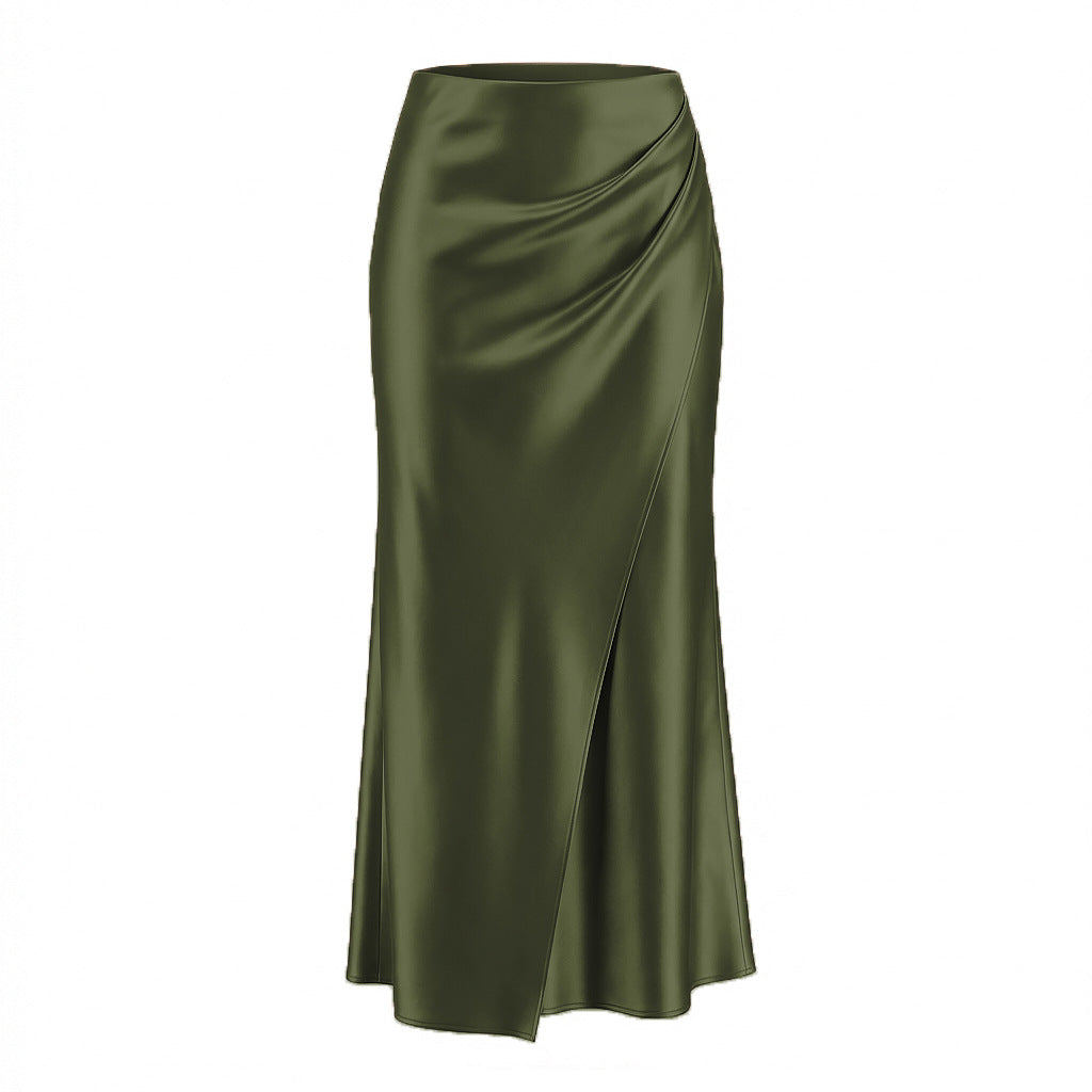 Gathered Side Satin Bias Maxi Skirt - DkGreen