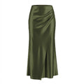 Gathered Side Satin Bias Midi Skirt - DkGreen