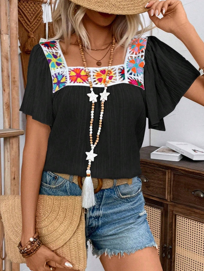 Square Neck Embroidered Yoke Boho Top - Black