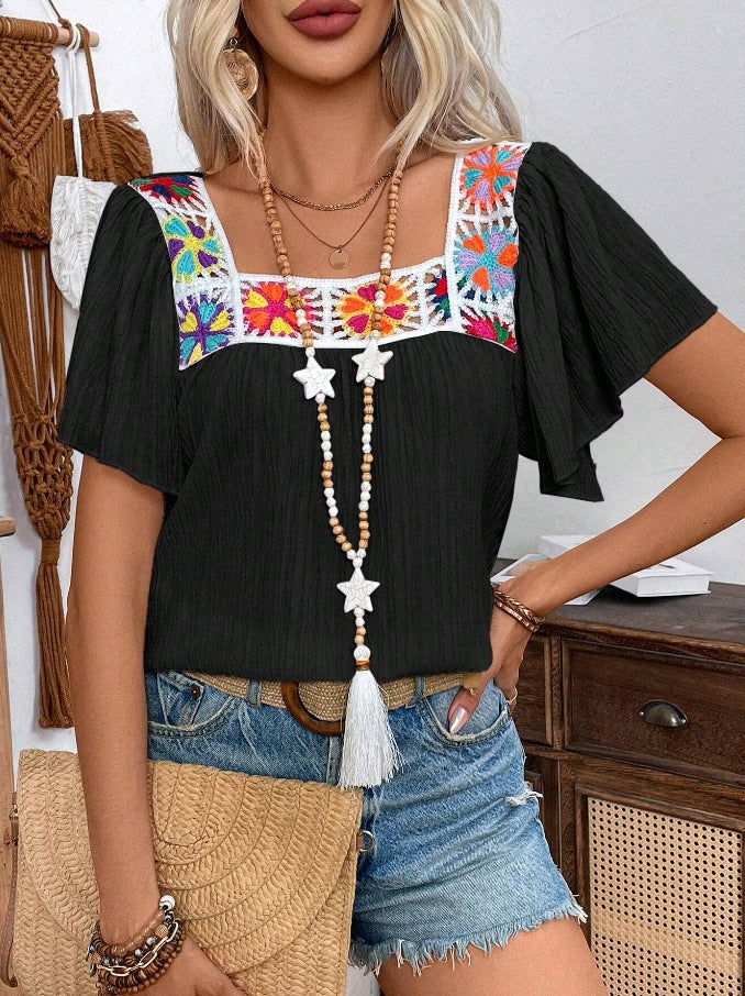 Square Neck Embroidered Yoke Boho Top - Black - 1