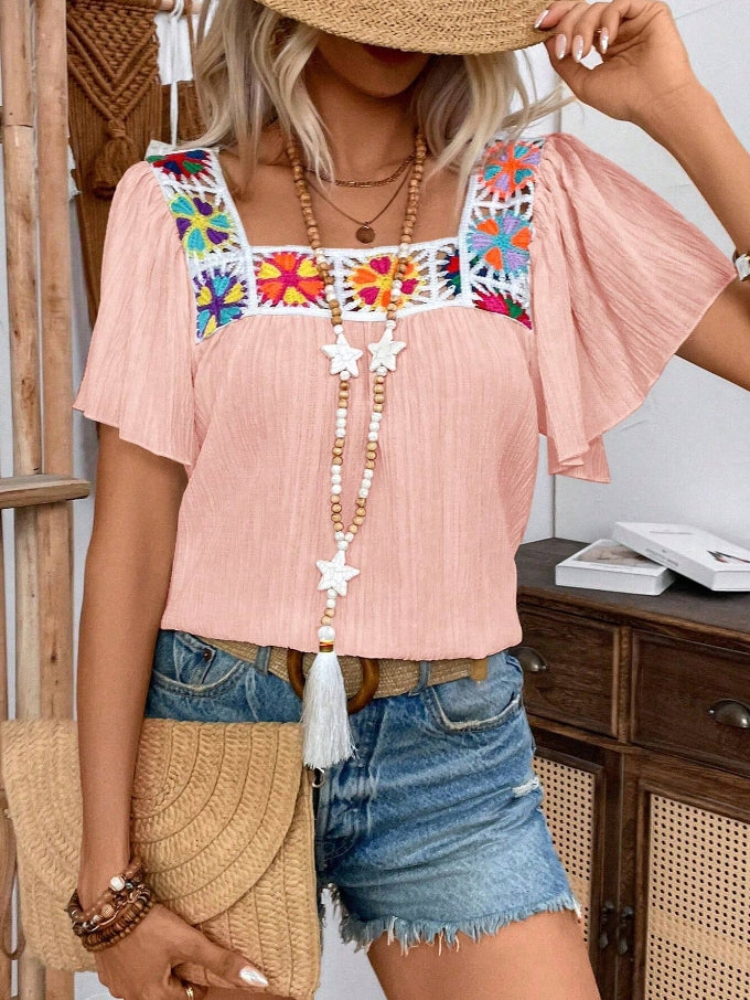 Square Neck Embroidered Yoke Boho Top - Pink