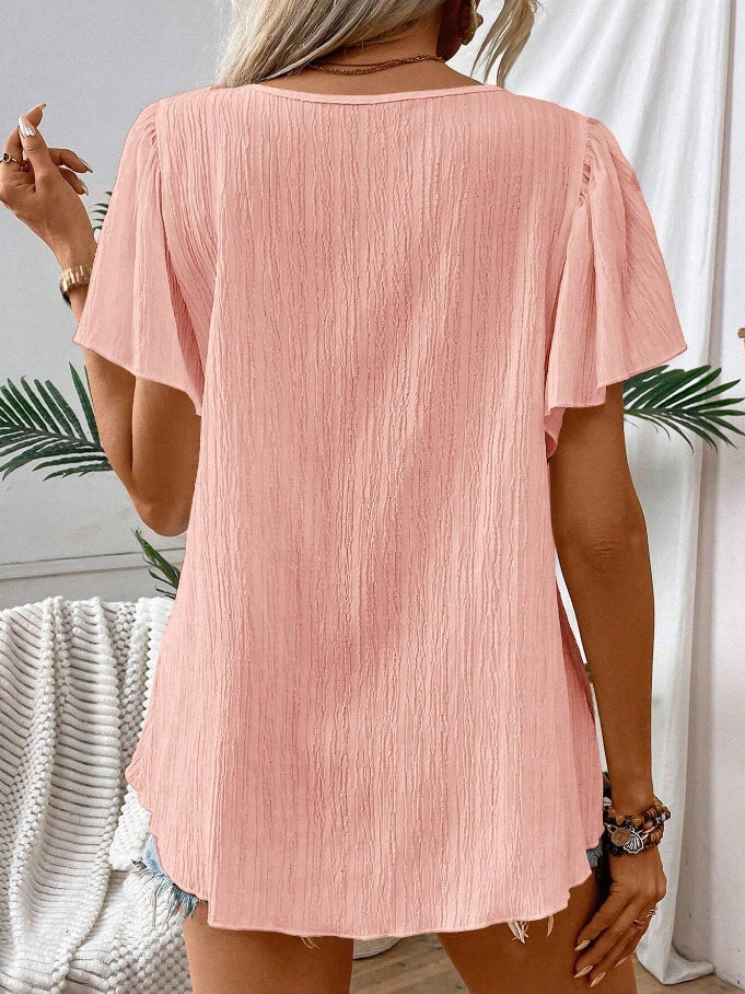 Square Neck Embroidered Yoke Boho Top - Pink - 1