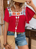 Square Neck Embroidered Yoke Boho Top - Red