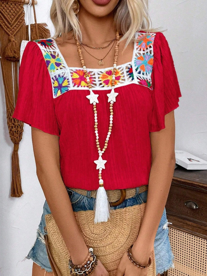 Square Neck Embroidered Yoke Boho Top - Red - 1