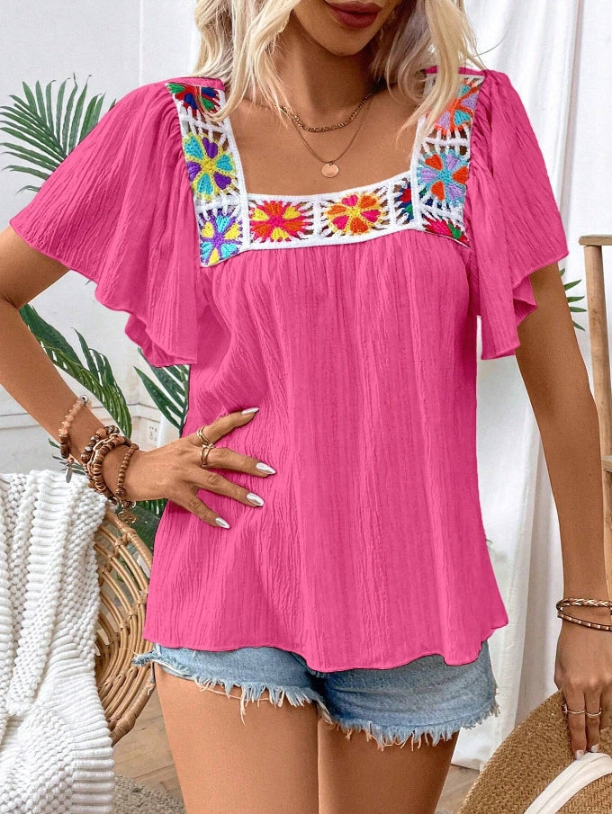 Square Neck Embroidered Yoke Boho Top - Rose - 1