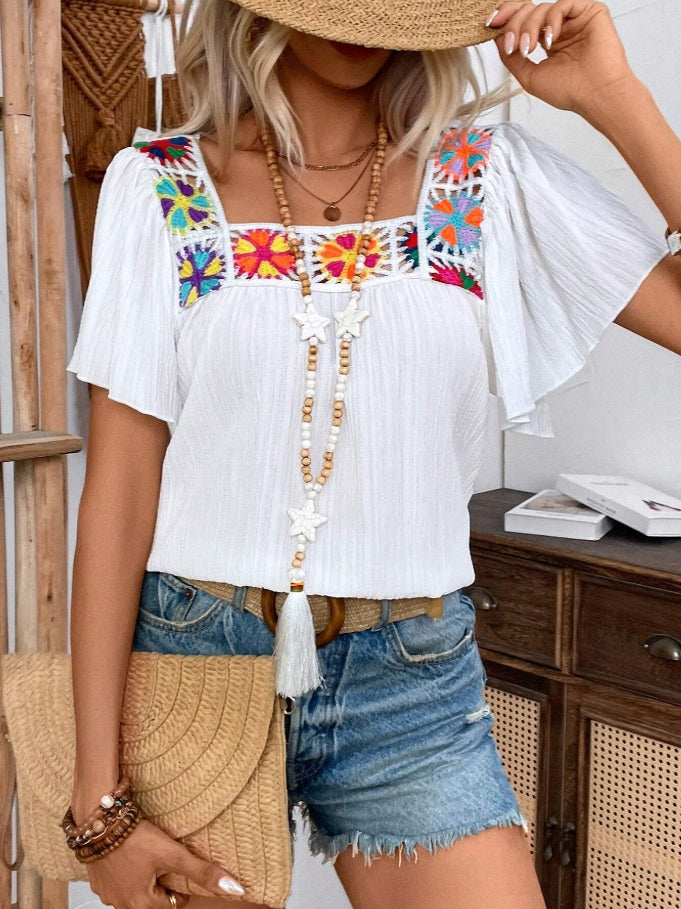 Square Neck Embroidered Yoke Boho Top - White