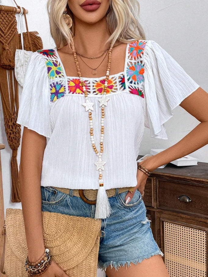 Square Neck Embroidered Yoke Boho Top - White - 2