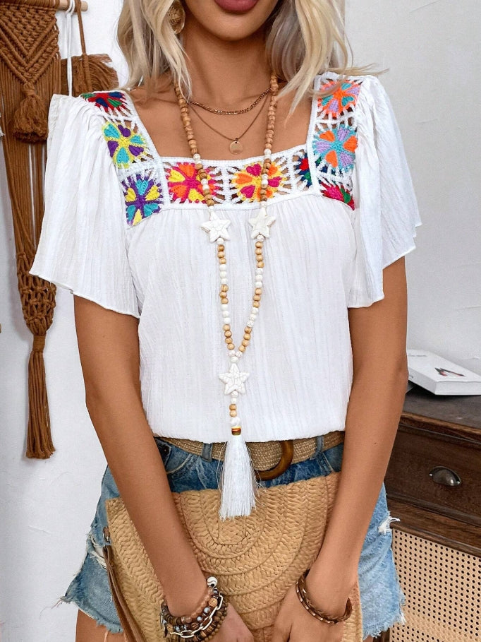 Square Neck Embroidered Yoke Boho Top - White - 3