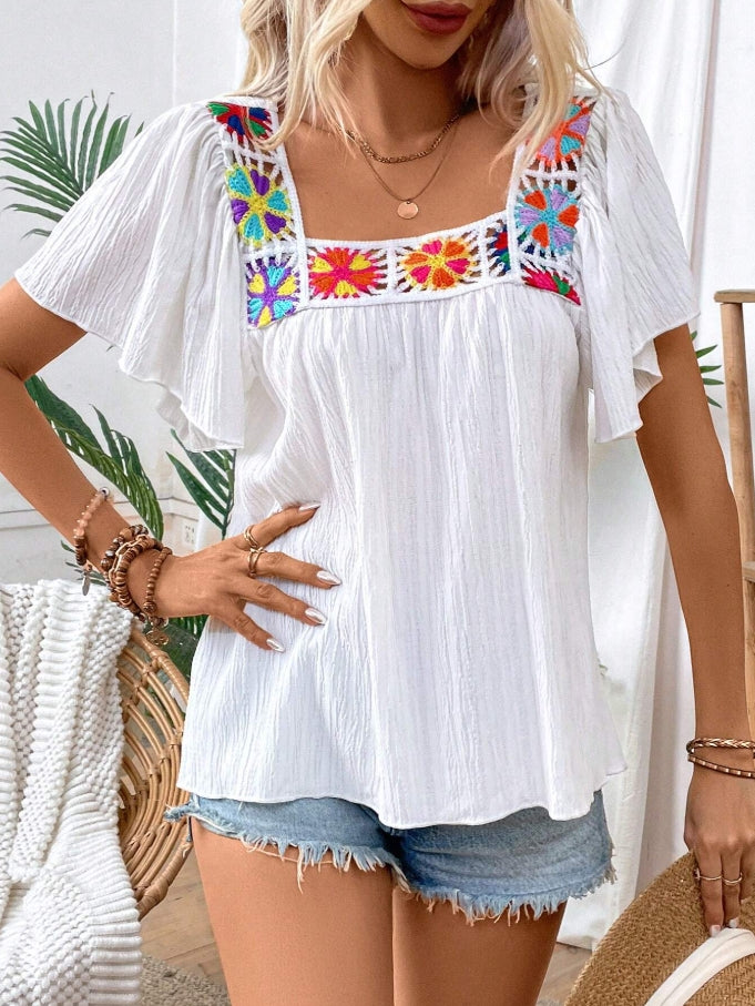 Square Neck Embroidered Yoke Boho Top - White - 4