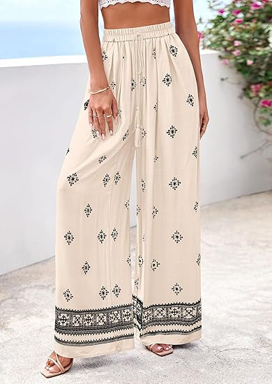 Border Print Wide Leg Palazzo Beach Pants - Apricot