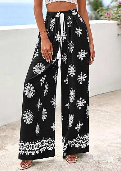 Border Print Wide Leg Palazzo Beach Pants - Black