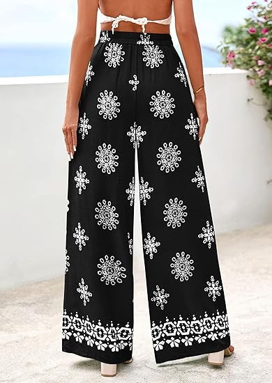 Border Print Wide Leg Palazzo Beach Pants - Black - 1