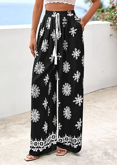 Border Print Wide Leg Palazzo Beach Pants - Black - 2