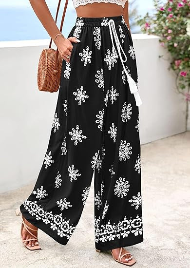 Border Print Wide Leg Palazzo Beach Pants - Black - 3