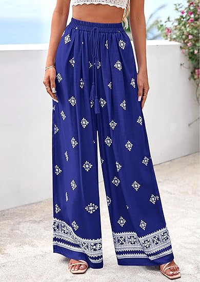 Border Print Wide Leg Palazzo Beach Pants - Blue