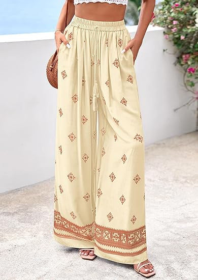 Border Print Wide Leg Palazzo Beach Pants - Coffee