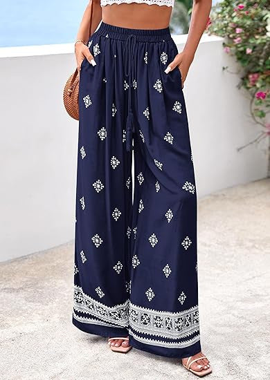 Border Print Wide Leg Palazzo Beach Pants - DarkBlue