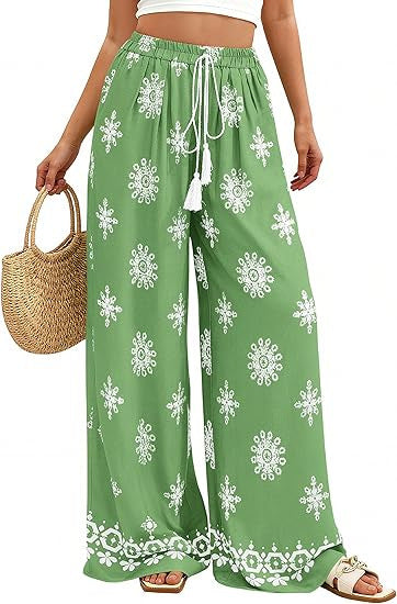 Border Print Wide Leg Palazzo Beach Pants - Green