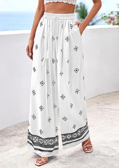 Border Print Wide Leg Palazzo Beach Pants - White