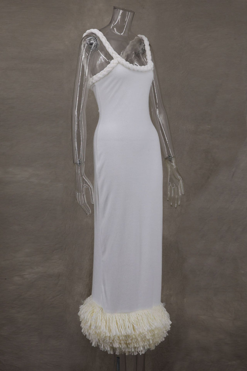 Braided Strap Fringe Hem Maxi Dress - white - 1