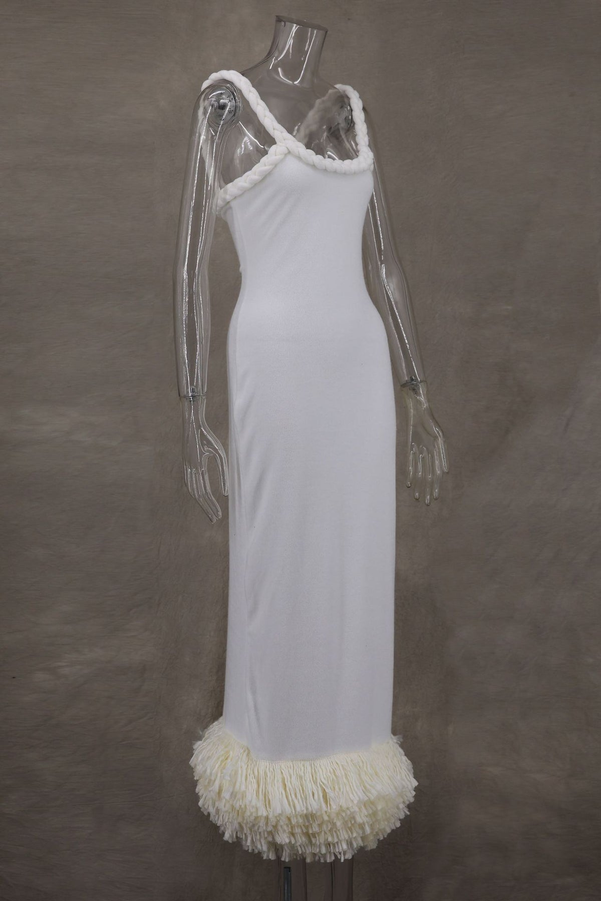 Braided Strap Fringe Hem Maxi Dress - white - 1