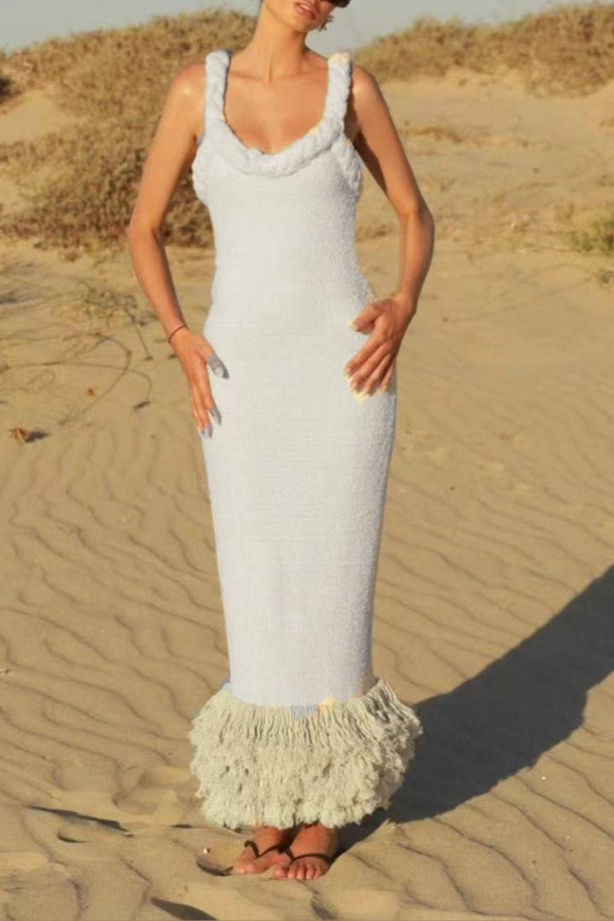 Braided Strap Fringe Hem Maxi Dress - white - 7