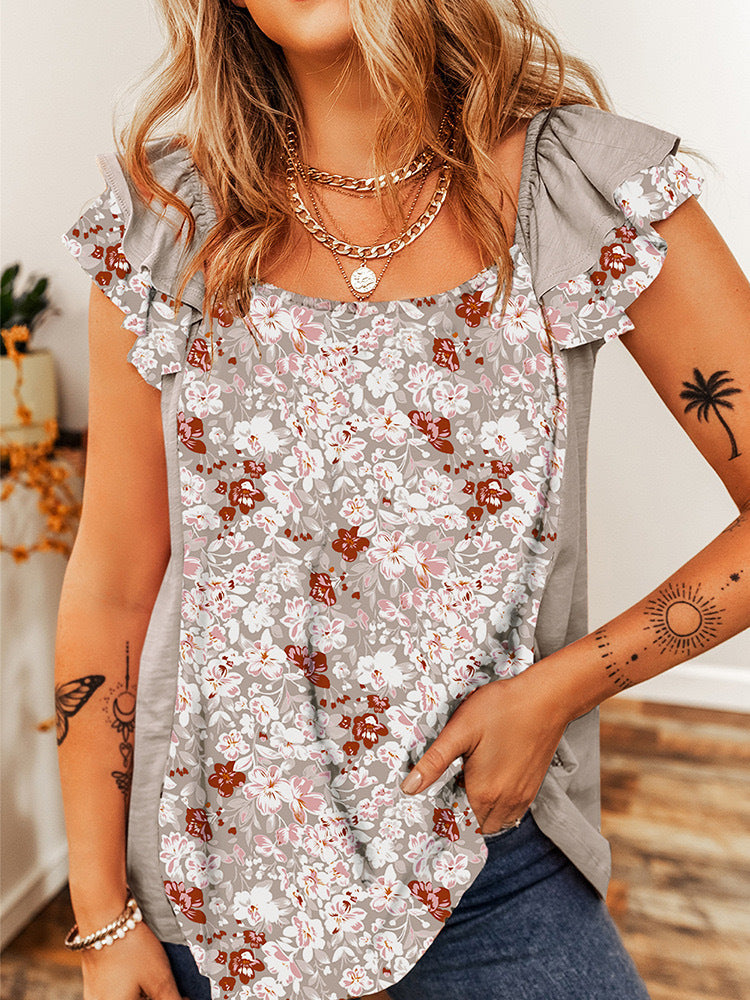 Floral Ruffle Sleeve Square Neck Tee - Gray