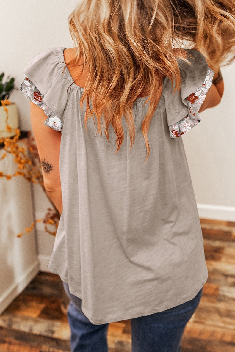Floral Ruffle Sleeve Square Neck Tee - Gray - 1