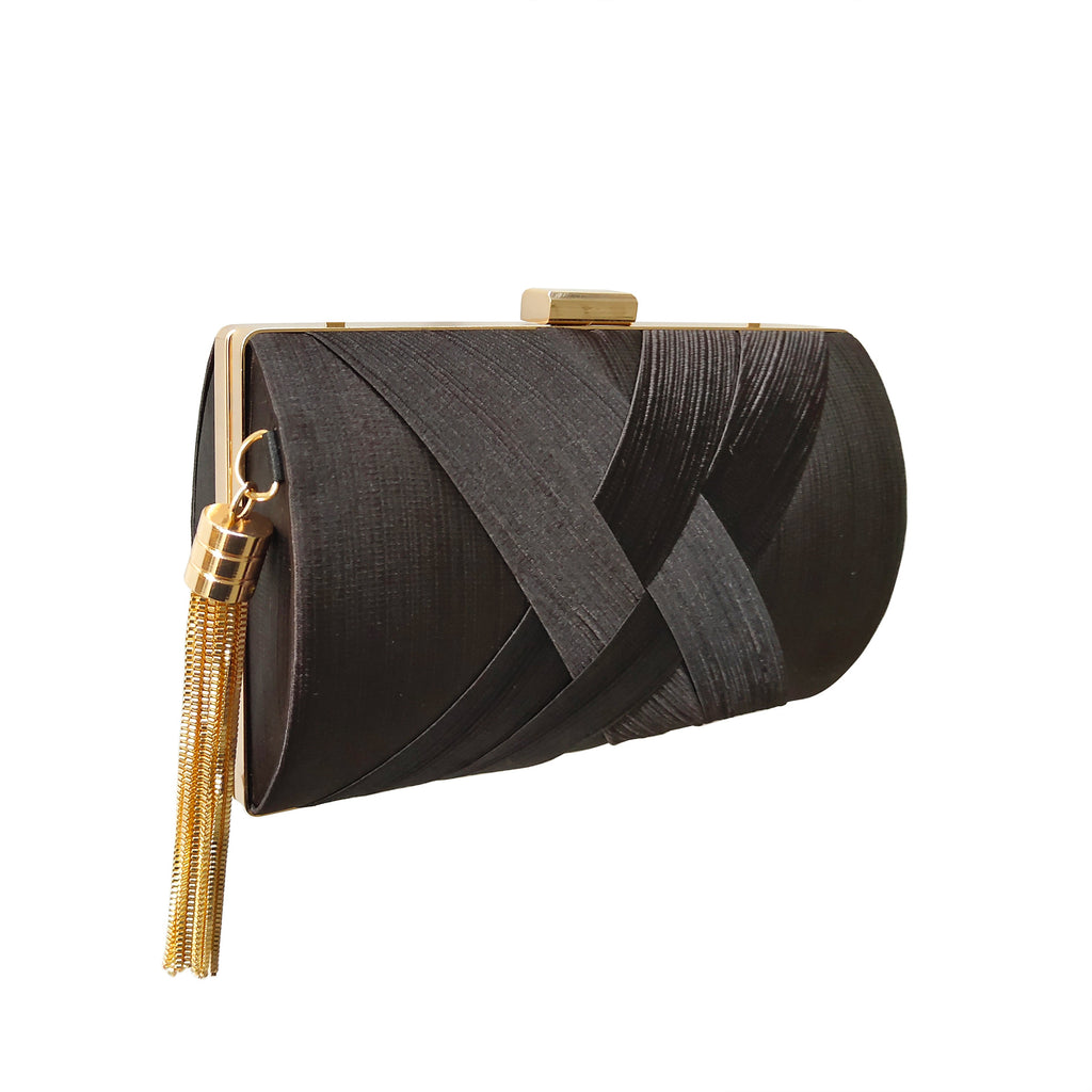 Woven Satin Hard Case Tassel Clutch - Black