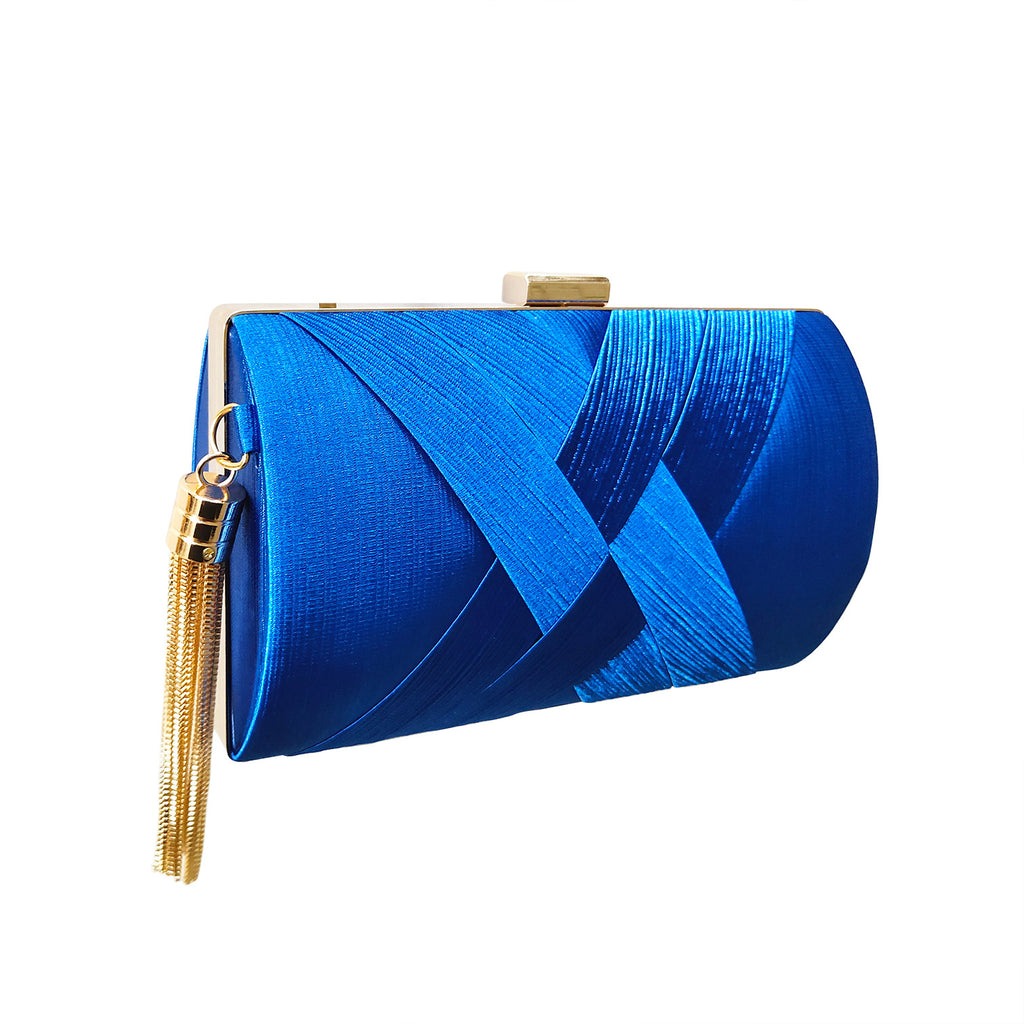 Woven Satin Hard Case Tassel Clutch - Blue