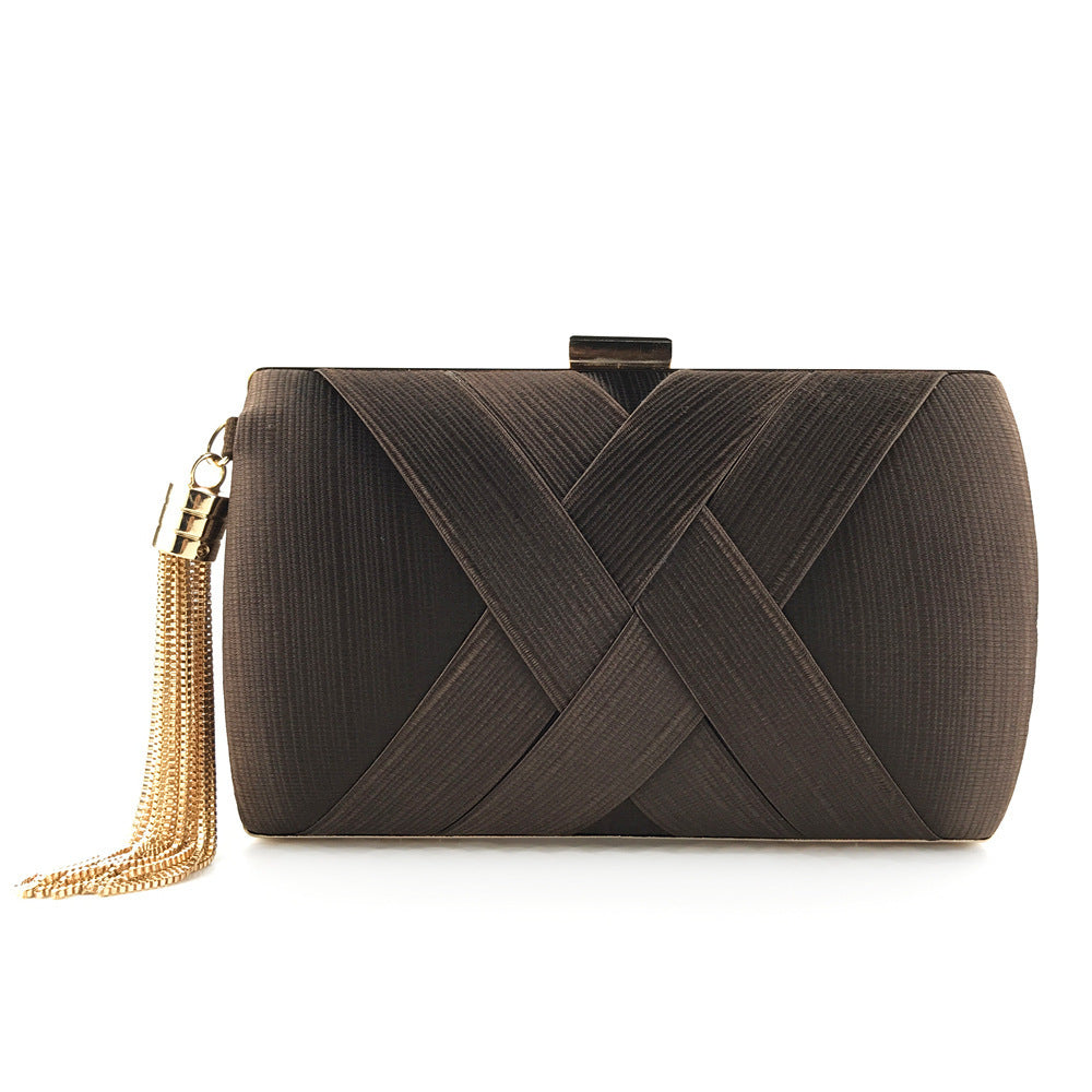 Woven Satin Hard Case Tassel Clutch - Brown