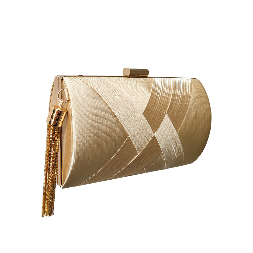 Woven Satin Hard Case Tassel Clutch - Champagne