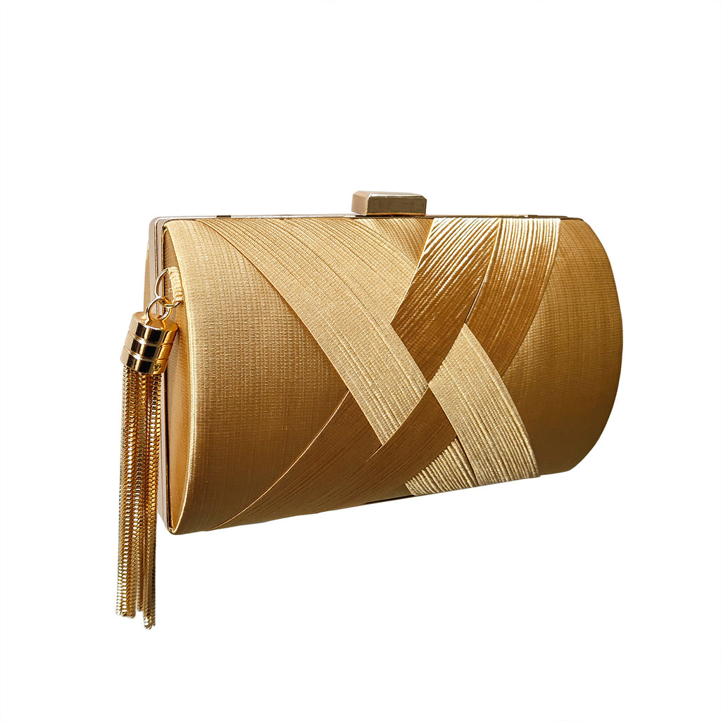 Woven Satin Hard Case Tassel Clutch - Gold