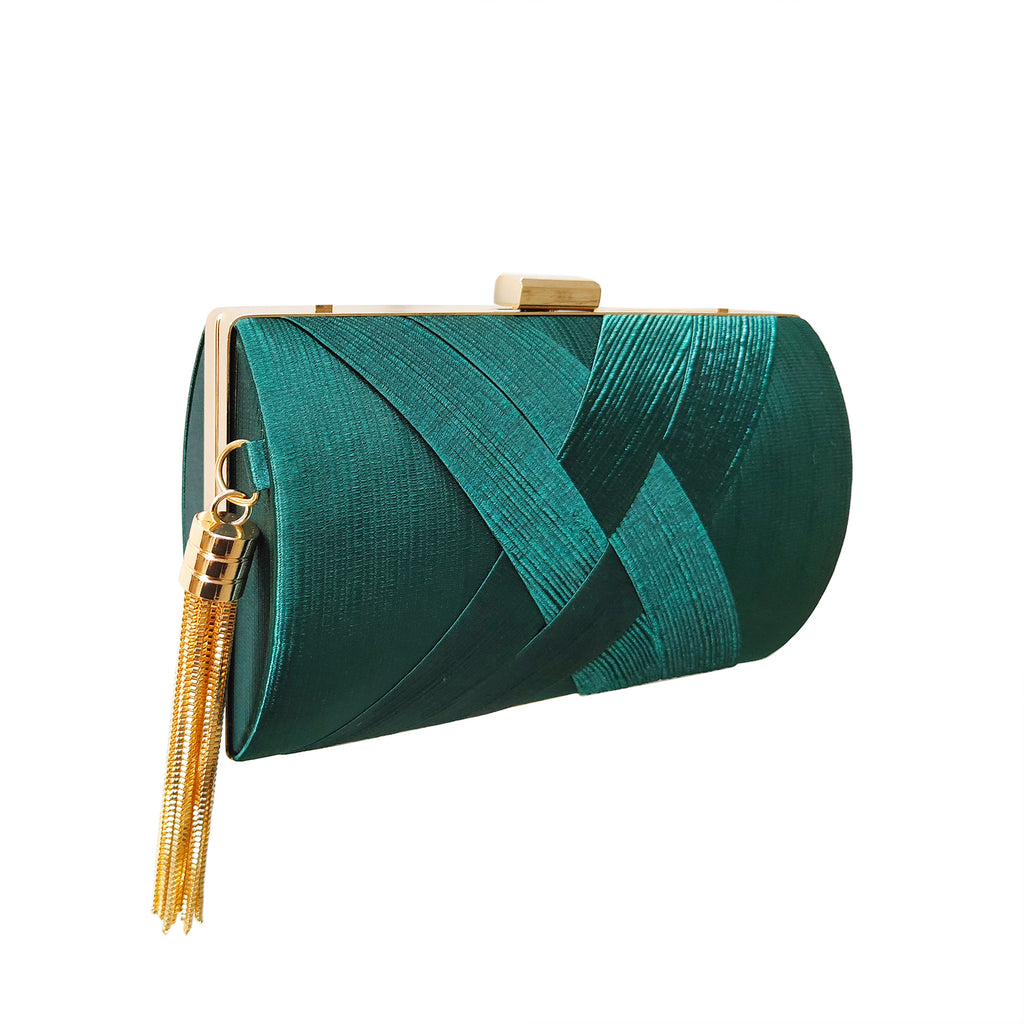 Woven Satin Hard Case Tassel Clutch - Green
