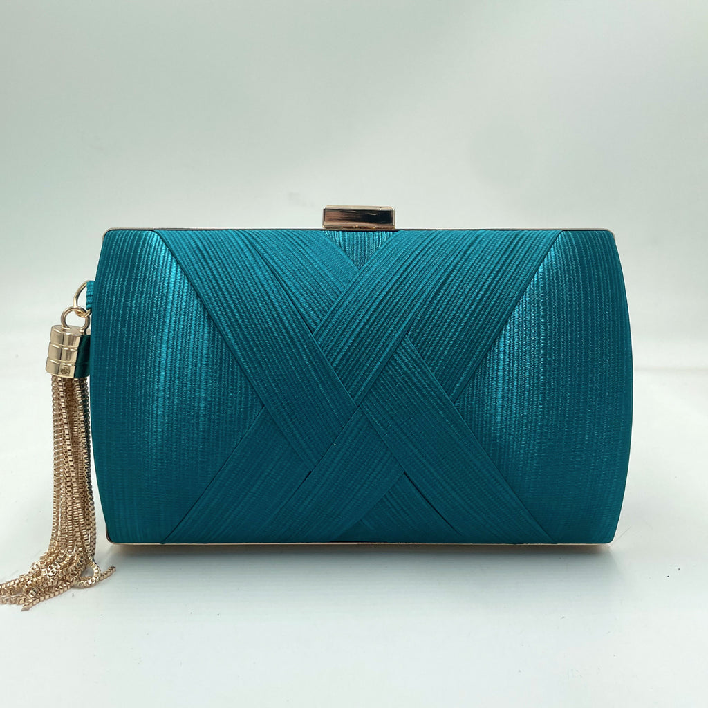 Woven Satin Hard Case Tassel Clutch - Lake_Blue